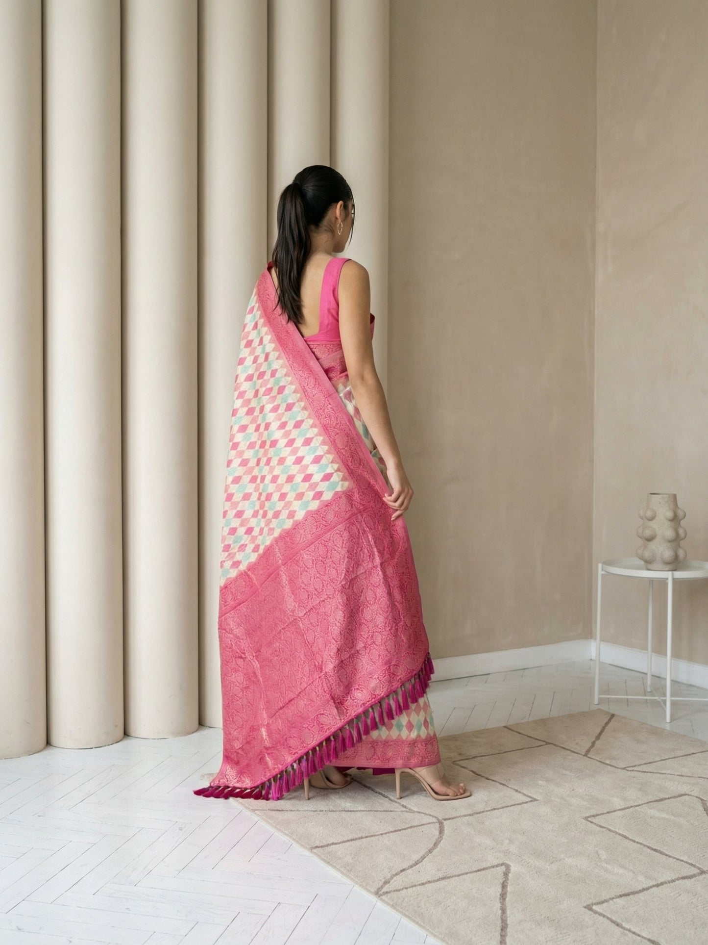 Cream Premium Patola Silk Ikat Meenakari Zari Woven Saree with Contrast Pallu and Brocade Blouse