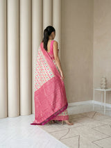 Cream Premium Patola Silk Ikat Meenakari Zari Woven Saree with Contrast Pallu and Brocade Blouse