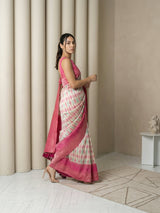 Cream Premium Patola Silk Ikat Meenakari Zari Woven Saree with Contrast Pallu and Brocade Blouse