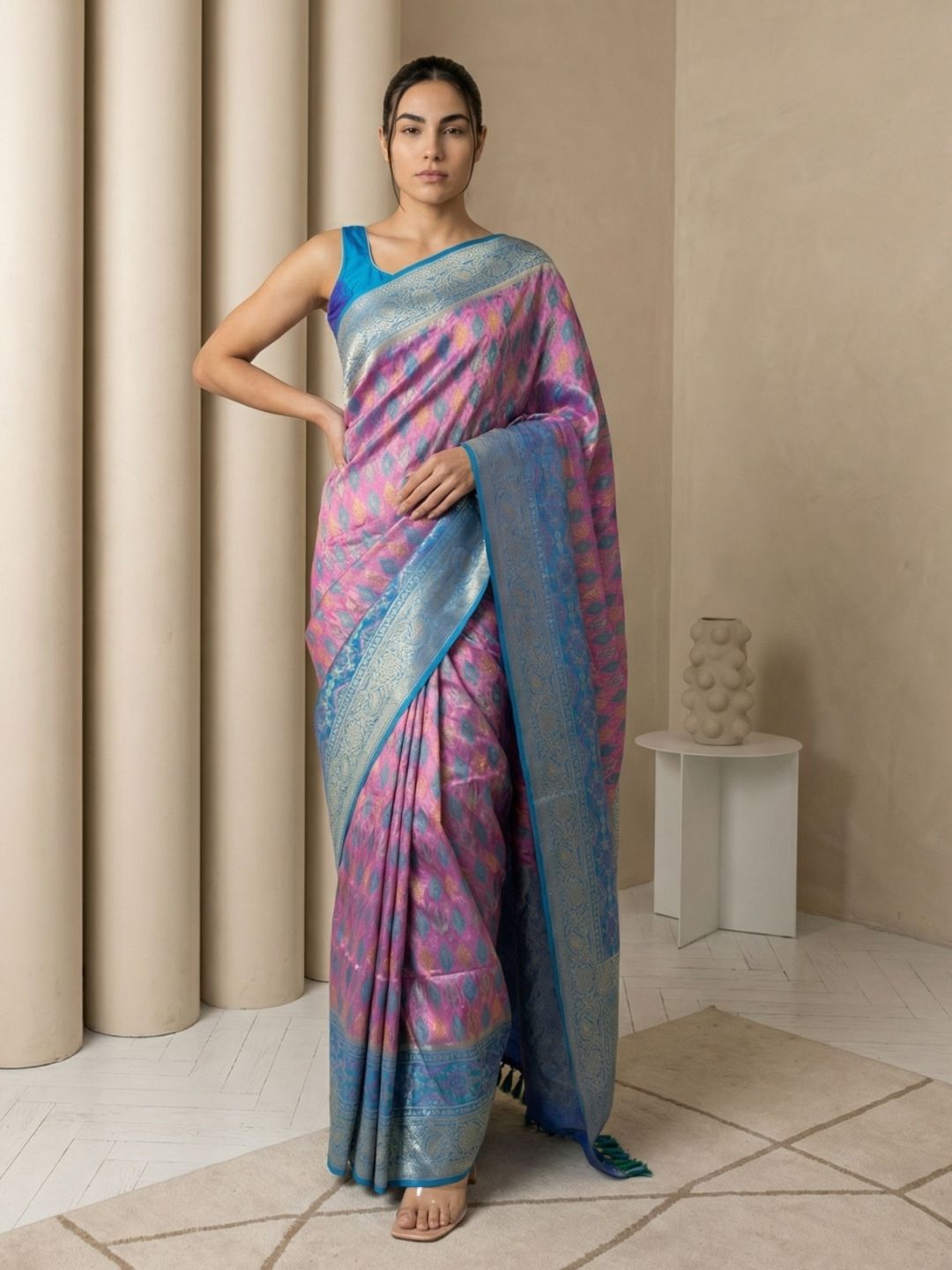 Lavender Premium Patola Silk Ikat Meenakari Zari Woven Saree with Contrast Pallu and Brocade Blouse