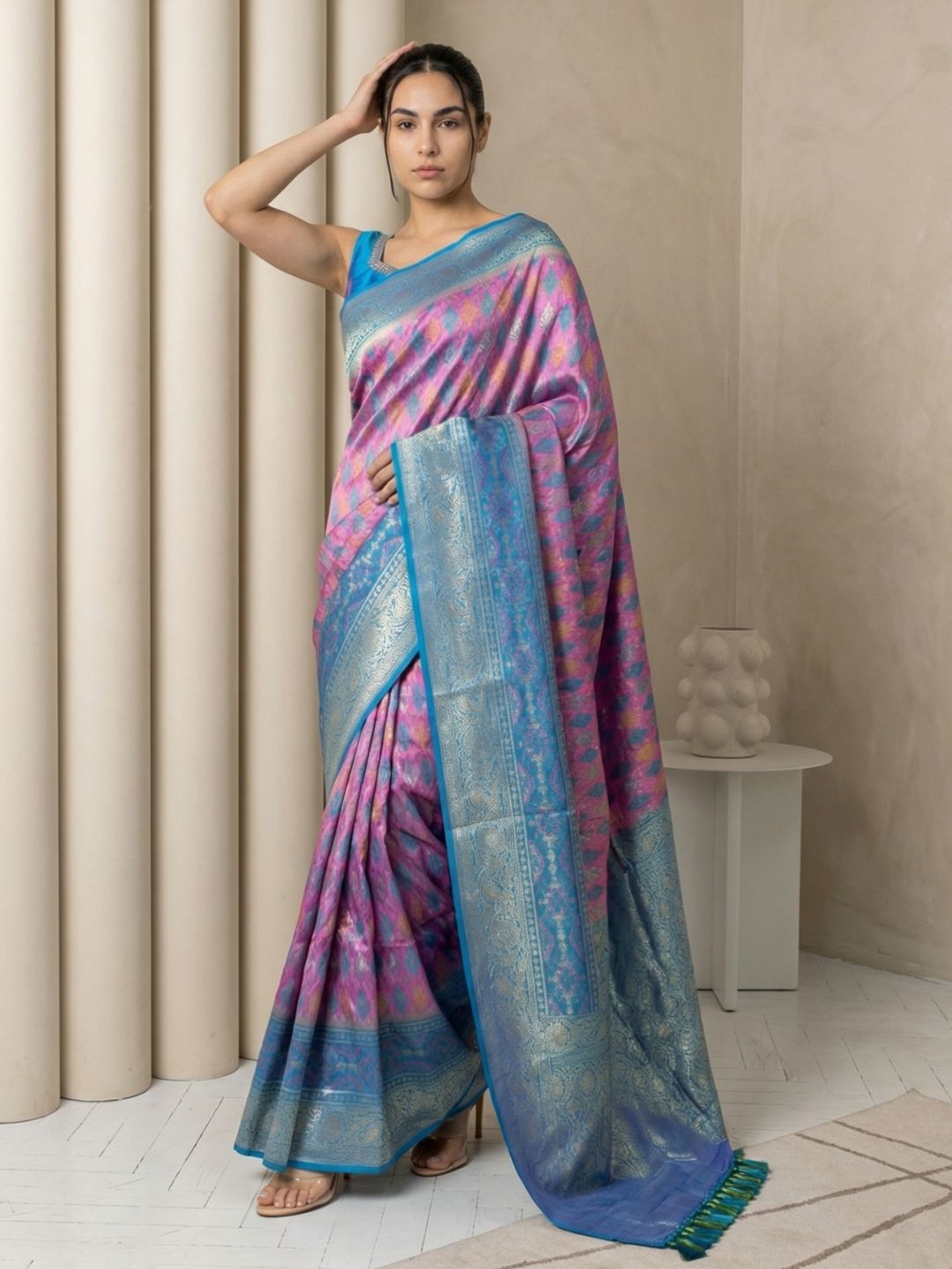 Lavender Premium Patola Silk Ikat Meenakari Zari Woven Saree with Contrast Pallu and Brocade Blouse