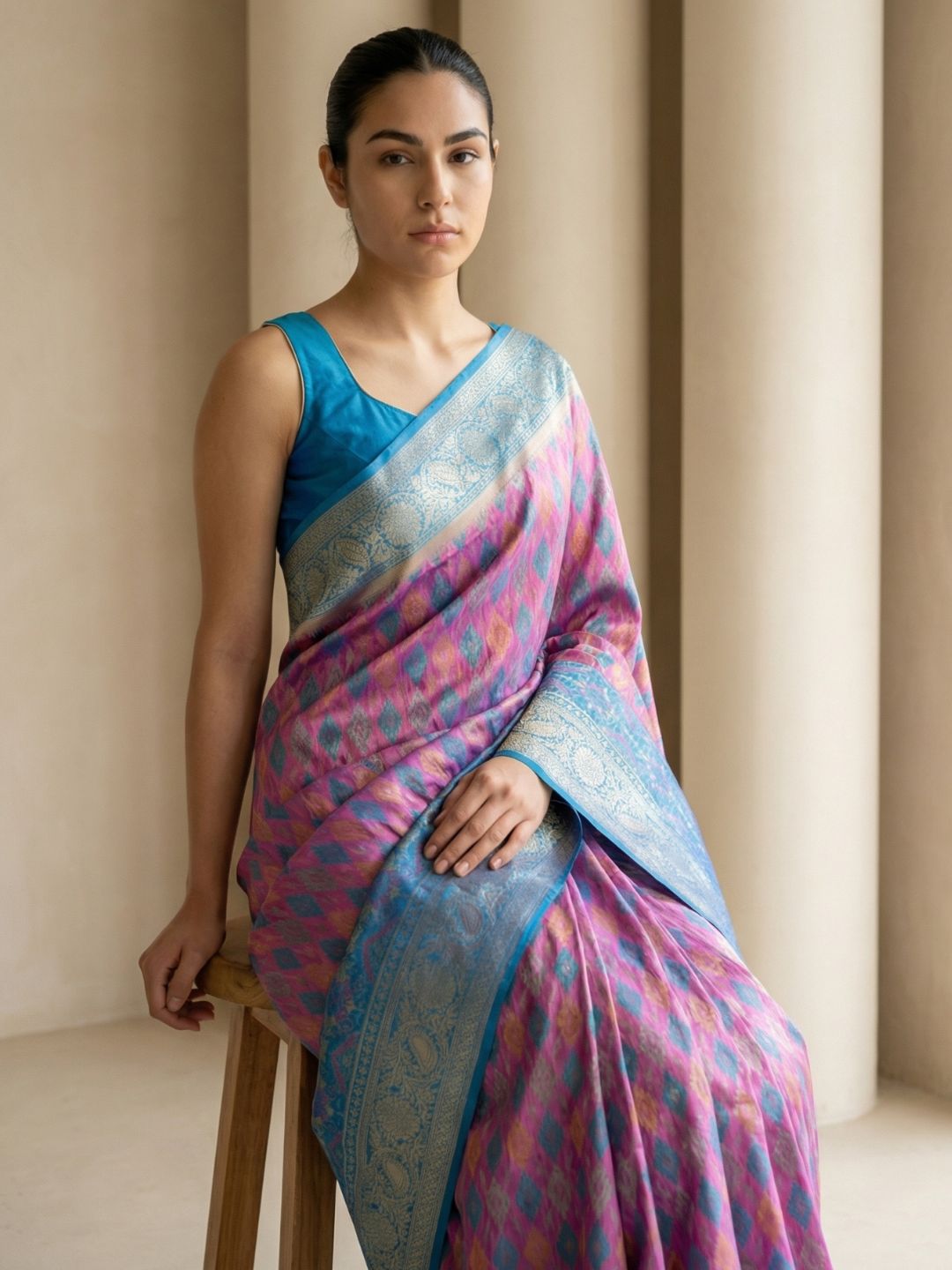 Lavender Premium Patola Silk Ikat Meenakari Zari Woven Saree with Contrast Pallu and Brocade Blouse