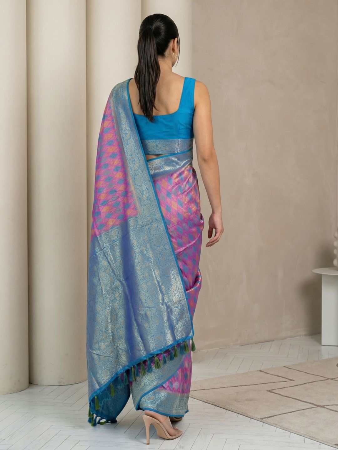 Lavender Premium Patola Silk Ikat Meenakari Zari Woven Saree with Contrast Pallu and Brocade Blouse