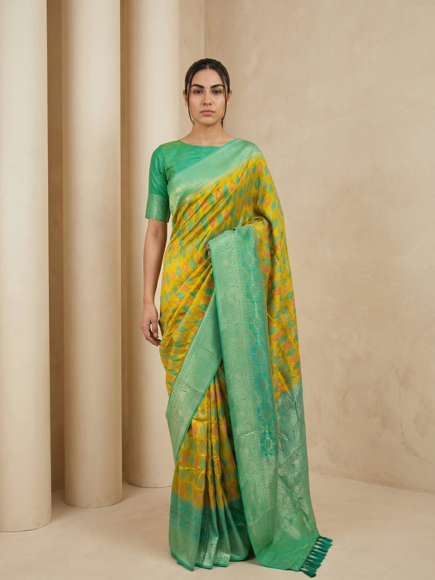 Mehendi Premium Patola Silk Ikat Meenakari Zari Woven Saree with Contrast Pallu and Brocade Blouse