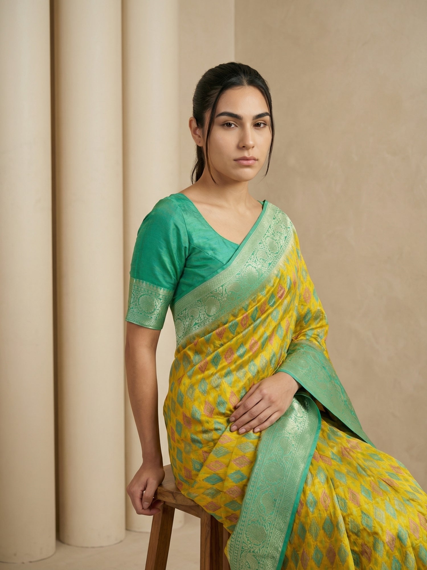 Mehendi Premium Patola Silk Ikat Meenakari Zari Woven Saree with Contrast Pallu and Brocade Blouse
