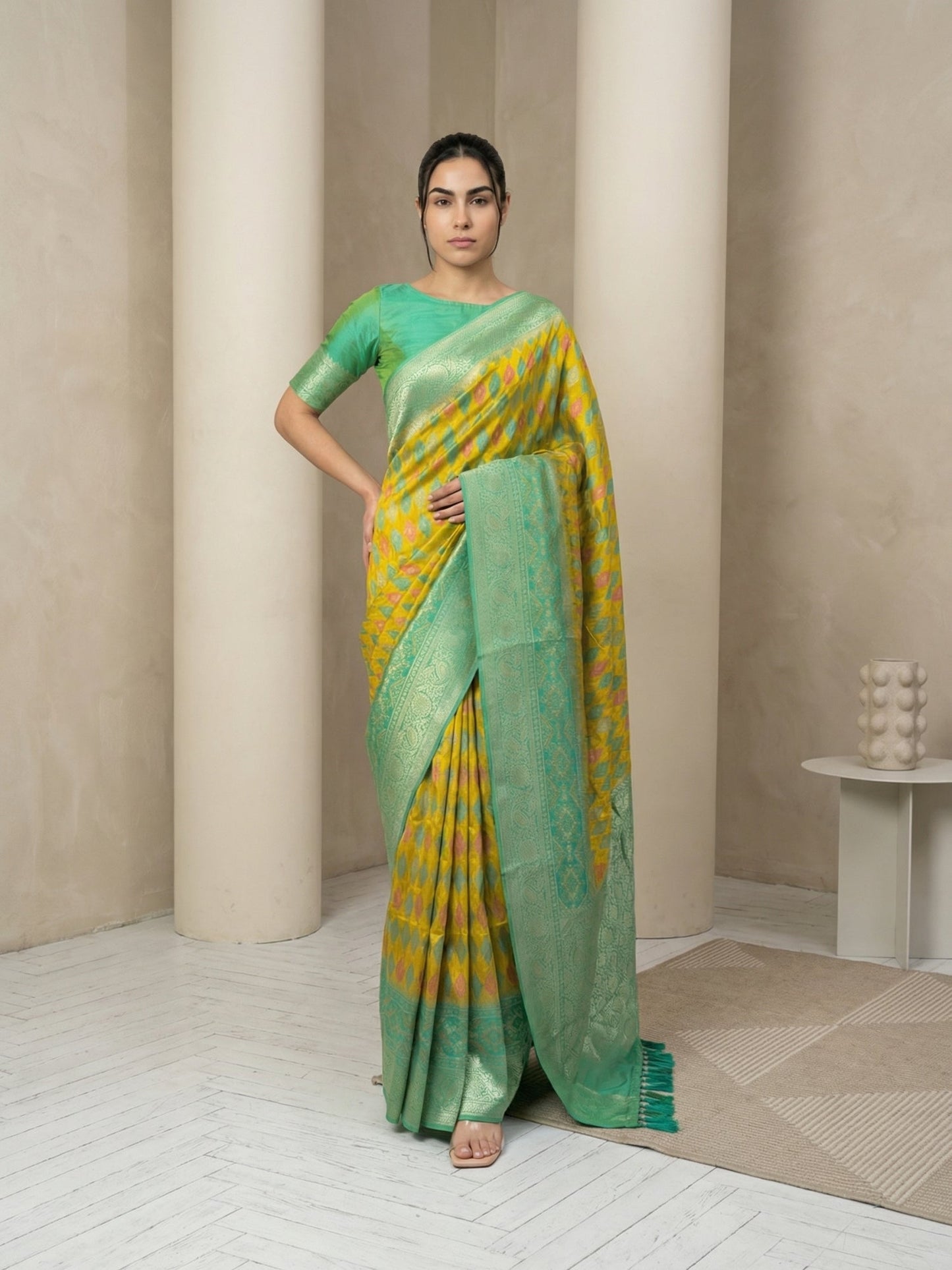 Mehendi Premium Patola Silk Ikat Meenakari Zari Woven Saree with Contrast Pallu and Brocade Blouse