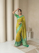 Mehendi Premium Patola Silk Ikat Meenakari Zari Woven Saree with Contrast Pallu and Brocade Blouse