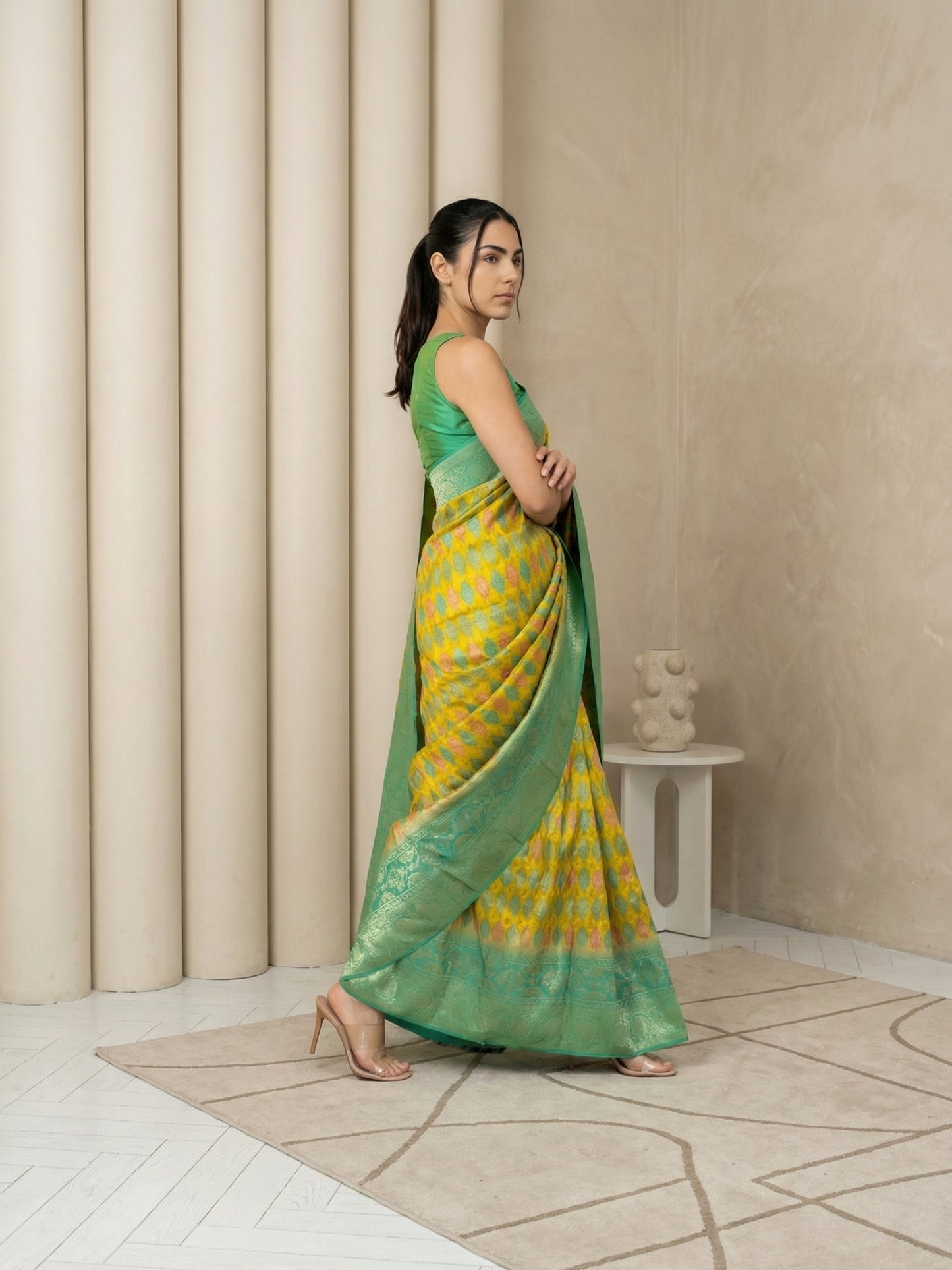 Mehendi Premium Patola Silk Ikat Meenakari Zari Woven Saree with Contrast Pallu and Brocade Blouse