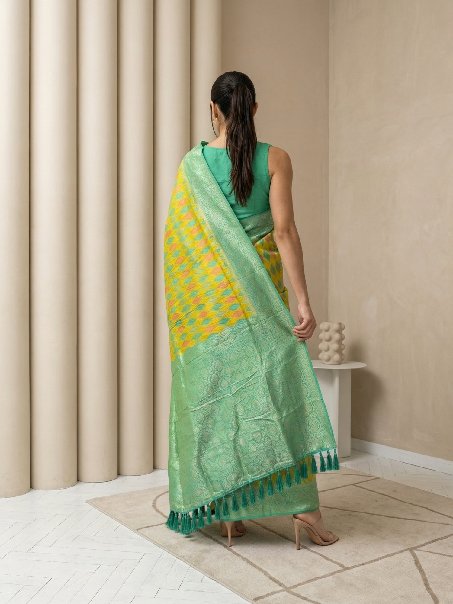 Mehendi Premium Patola Silk Ikat Meenakari Zari Woven Saree with Contrast Pallu and Brocade Blouse