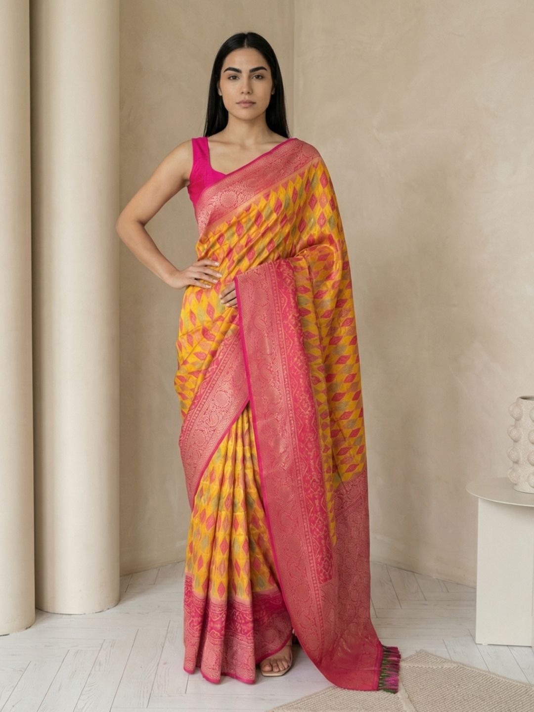 Orange Premium Patola Silk Ikat Meenakari Zari Woven Saree with Contrast Pallu and Brocade Blouse