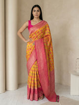 Orange Premium Patola Silk Ikat Meenakari Zari Woven Saree with Contrast Pallu and Brocade Blouse