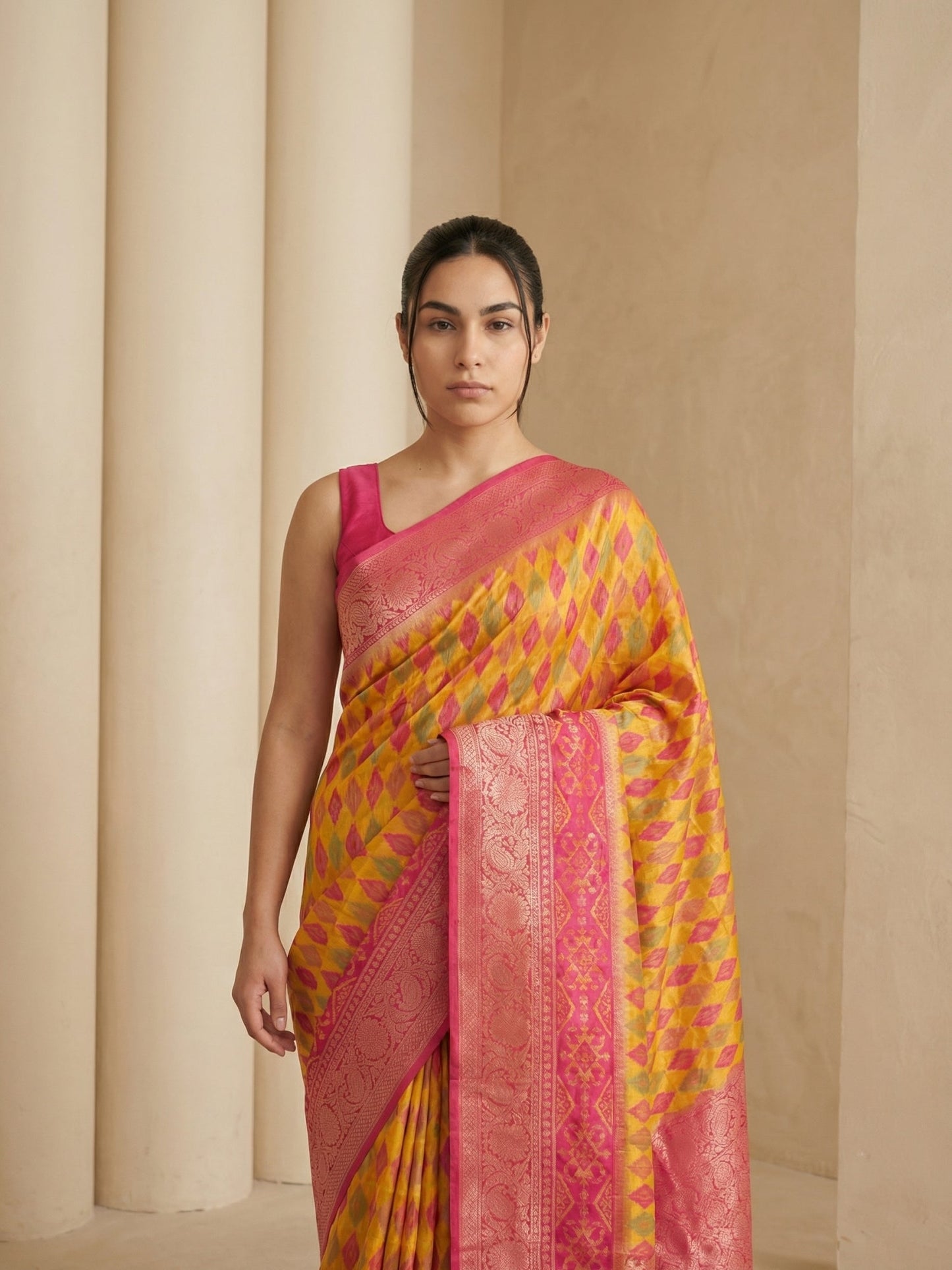 Orange Premium Patola Silk Ikat Meenakari Zari Woven Saree with Contrast Pallu and Brocade Blouse