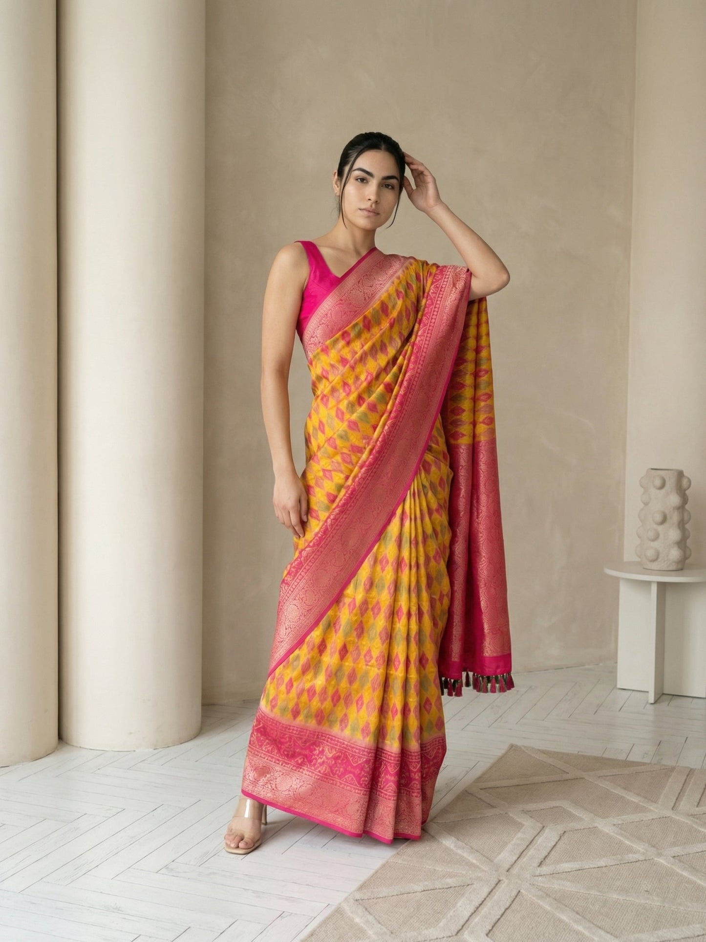 Orange Premium Patola Silk Ikat Meenakari Zari Woven Saree with Contrast Pallu and Brocade Blouse