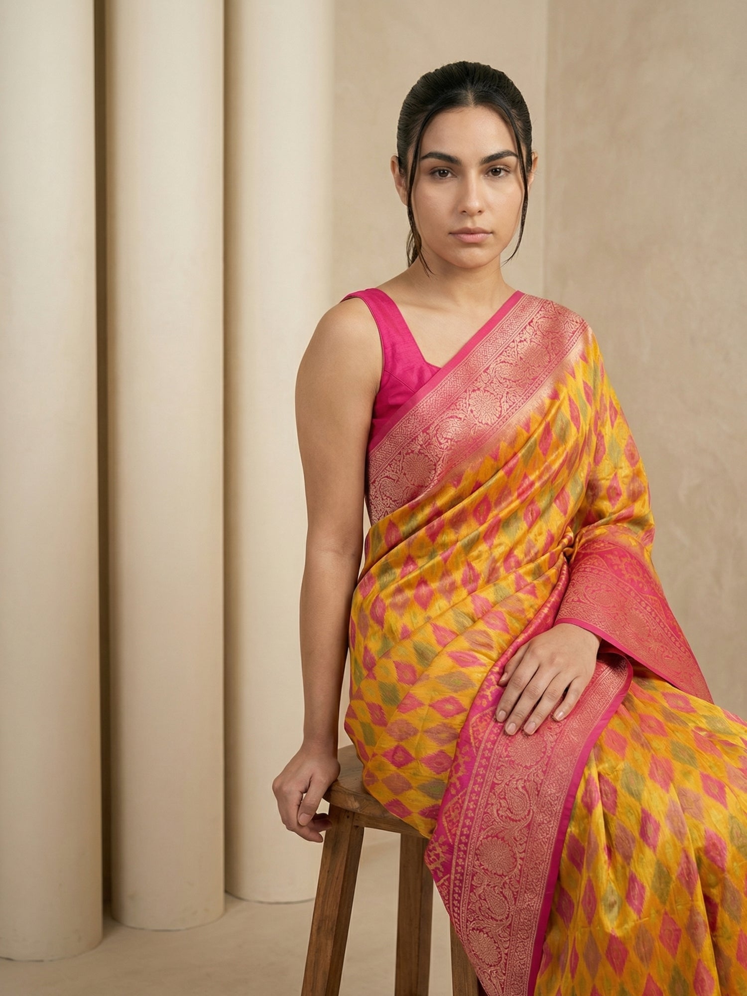 Orange Premium Patola Silk Ikat Meenakari Zari Woven Saree with Contrast Pallu and Brocade Blouse