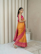Orange Premium Patola Silk Ikat Meenakari Zari Woven Saree with Contrast Pallu and Brocade Blouse