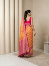 Orange Premium Patola Silk Ikat Meenakari Zari Woven Saree with Contrast Pallu and Brocade Blouse