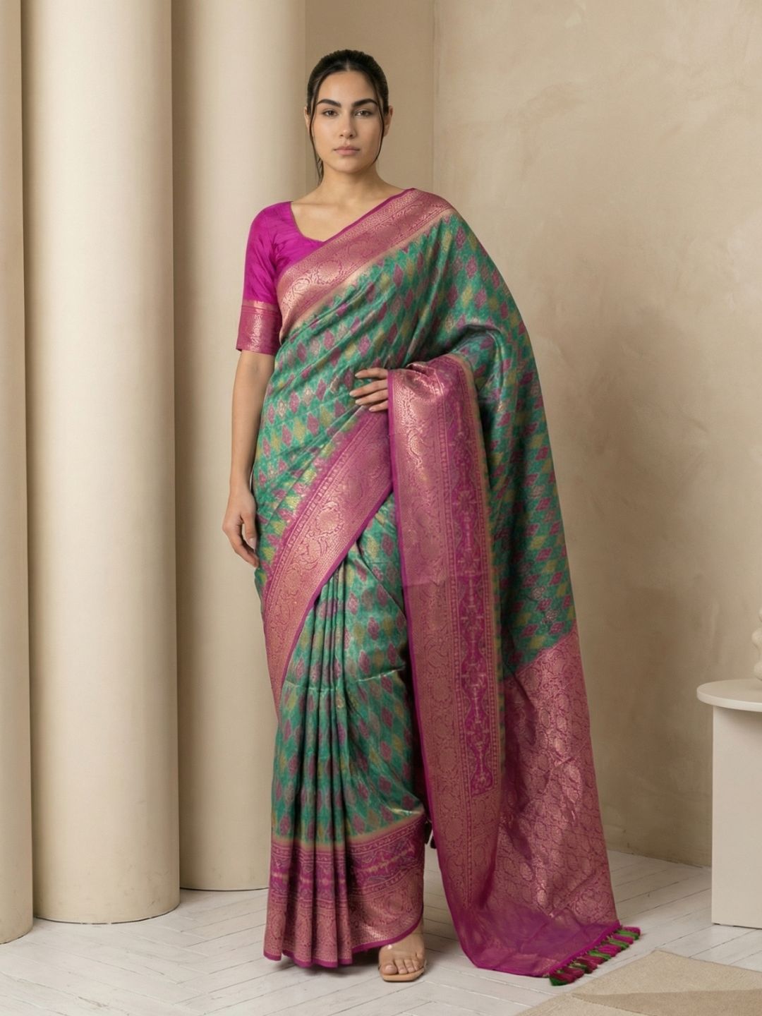 Parrot Green Premium Patola Silk Ikat Meenakari Zari Woven Saree with Contrast Pallu and Brocade Blouse