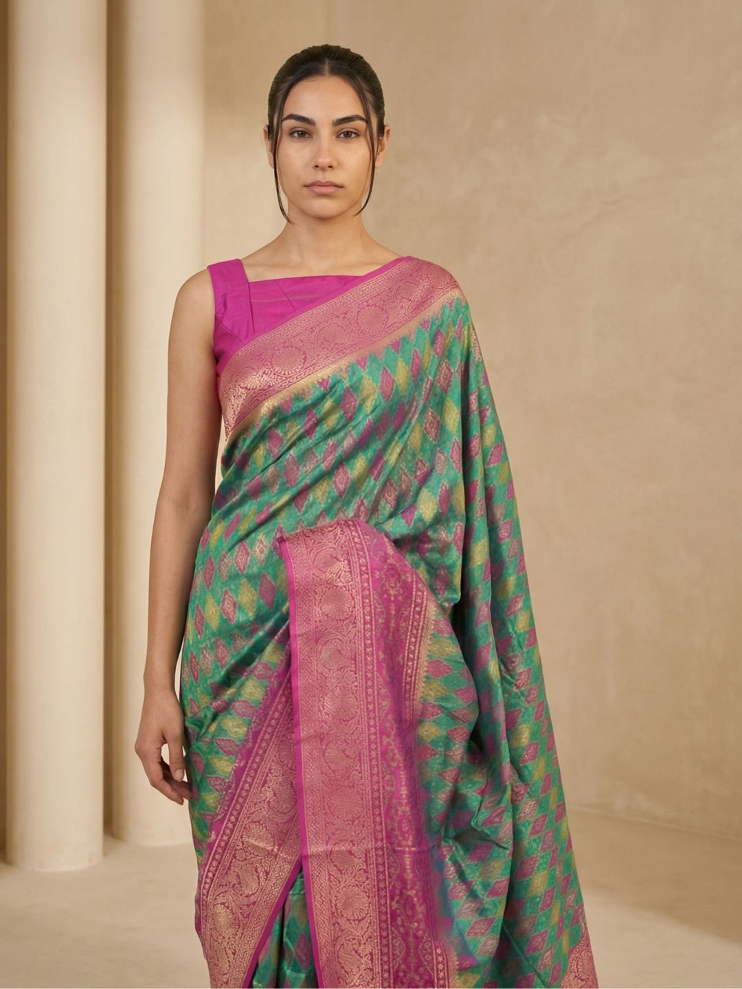 Parrot Green Premium Patola Silk Ikat Meenakari Zari Woven Saree with Contrast Pallu and Brocade Blouse