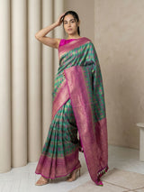 Parrot Green Premium Patola Silk Ikat Meenakari Zari Woven Saree with Contrast Pallu and Brocade Blouse