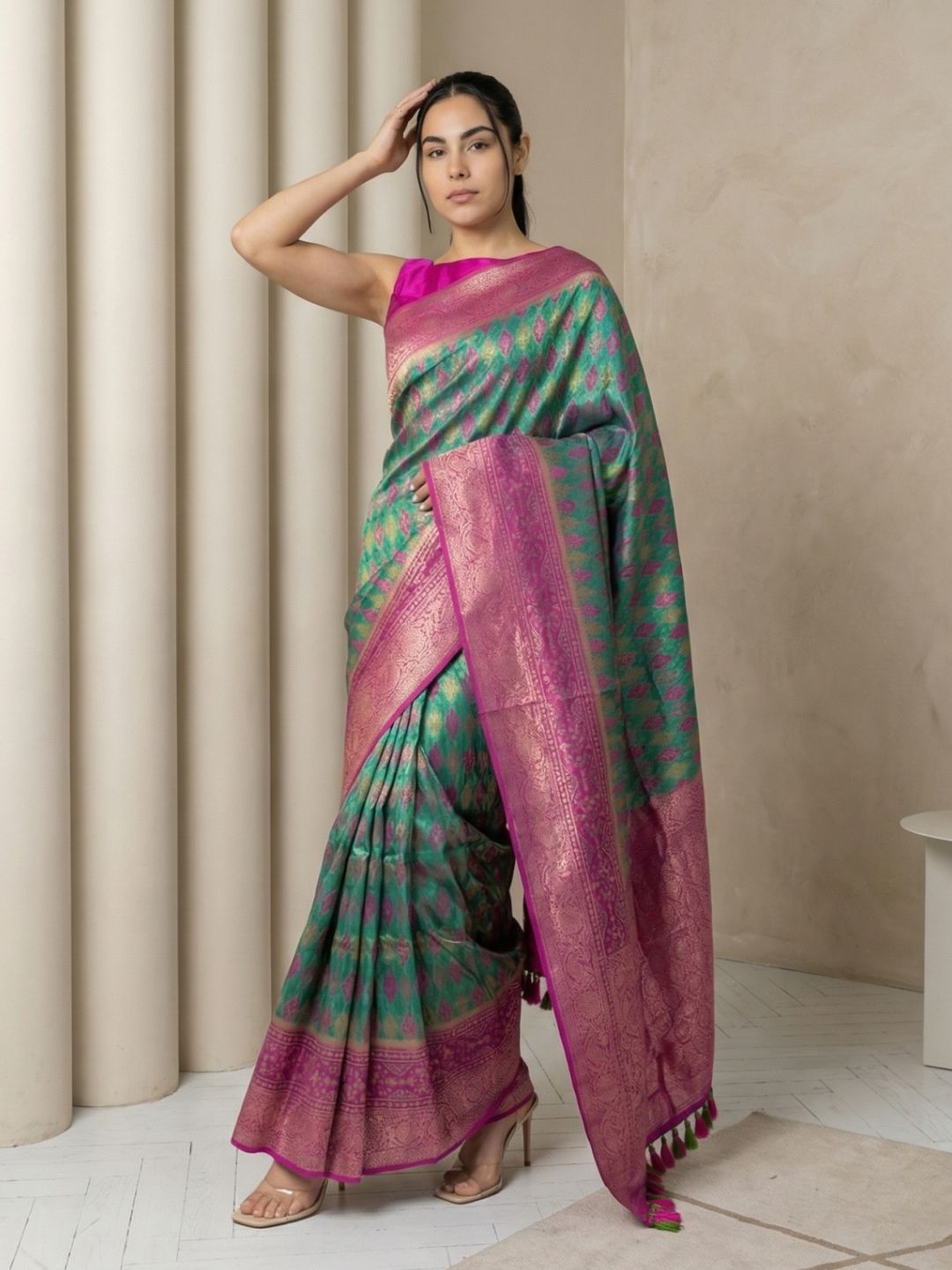 Parrot Green Premium Patola Silk Ikat Meenakari Zari Woven Saree with Contrast Pallu and Brocade Blouse