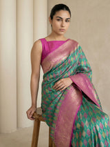 Parrot Green Premium Patola Silk Ikat Meenakari Zari Woven Saree with Contrast Pallu and Brocade Blouse