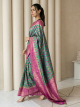 Parrot Green Premium Patola Silk Ikat Meenakari Zari Woven Saree with Contrast Pallu and Brocade Blouse