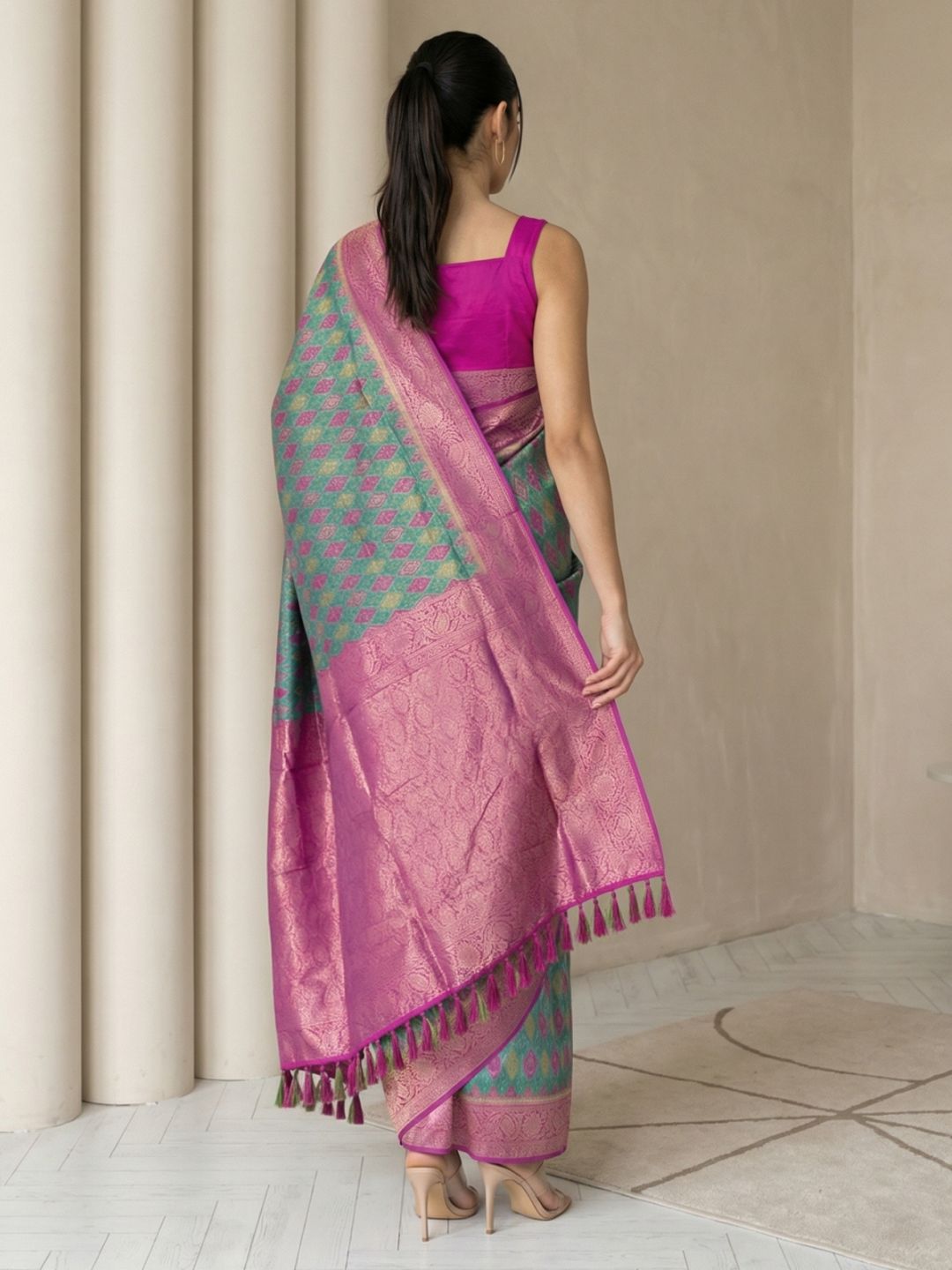 Parrot Green Premium Patola Silk Ikat Meenakari Zari Woven Saree with Contrast Pallu and Brocade Blouse