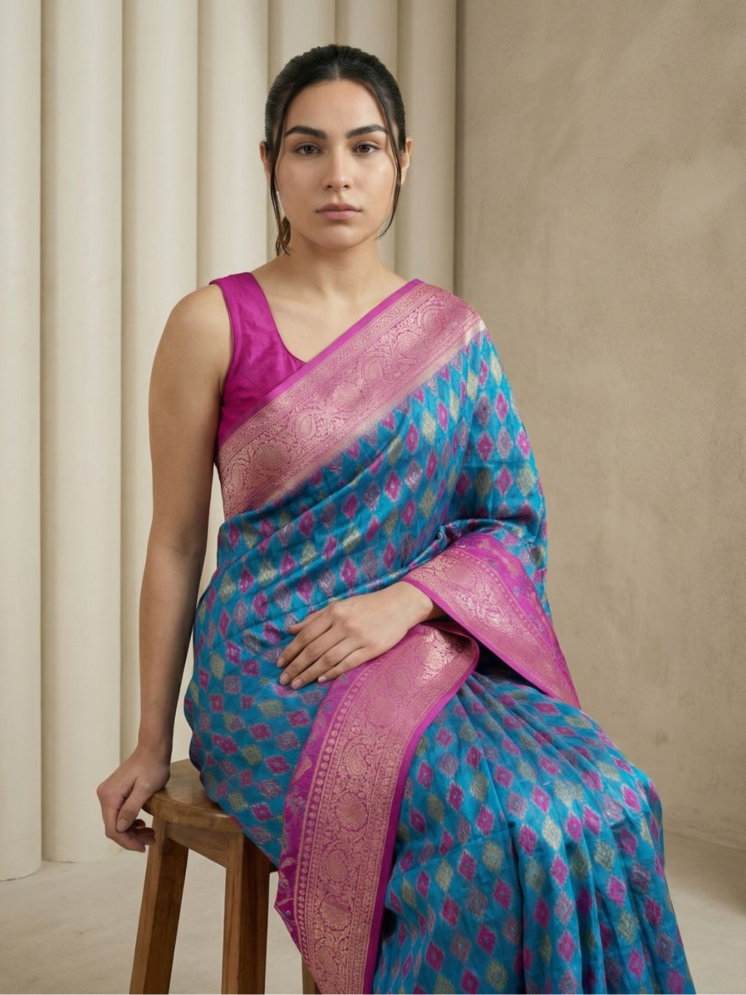 Rama Premium Patola Silk Ikat Meenakari Zari Woven Saree with Contrast Pallu and Brocade Blouse