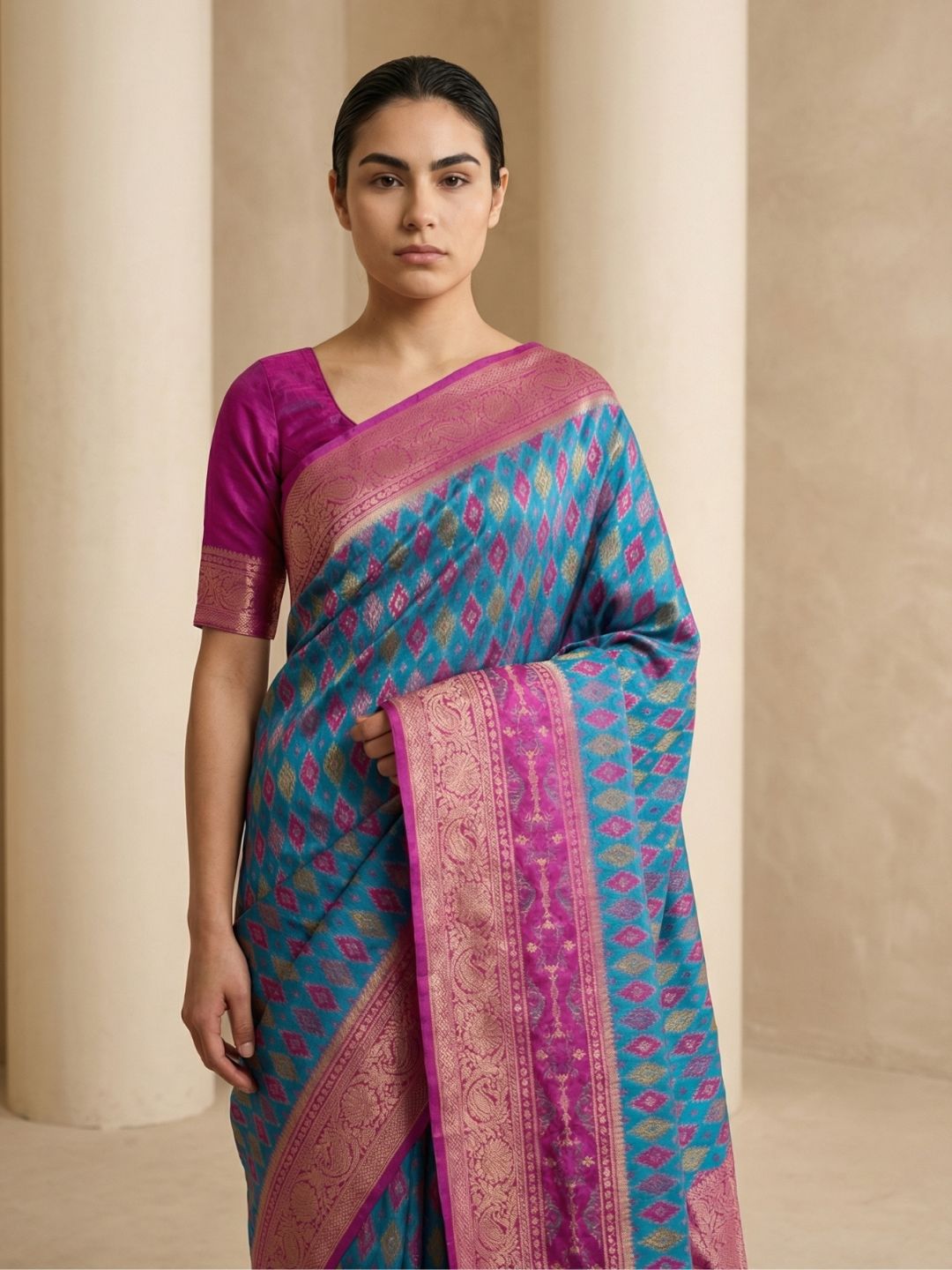 Rama Premium Patola Silk Ikat Meenakari Zari Woven Saree with Contrast Pallu and Brocade Blouse