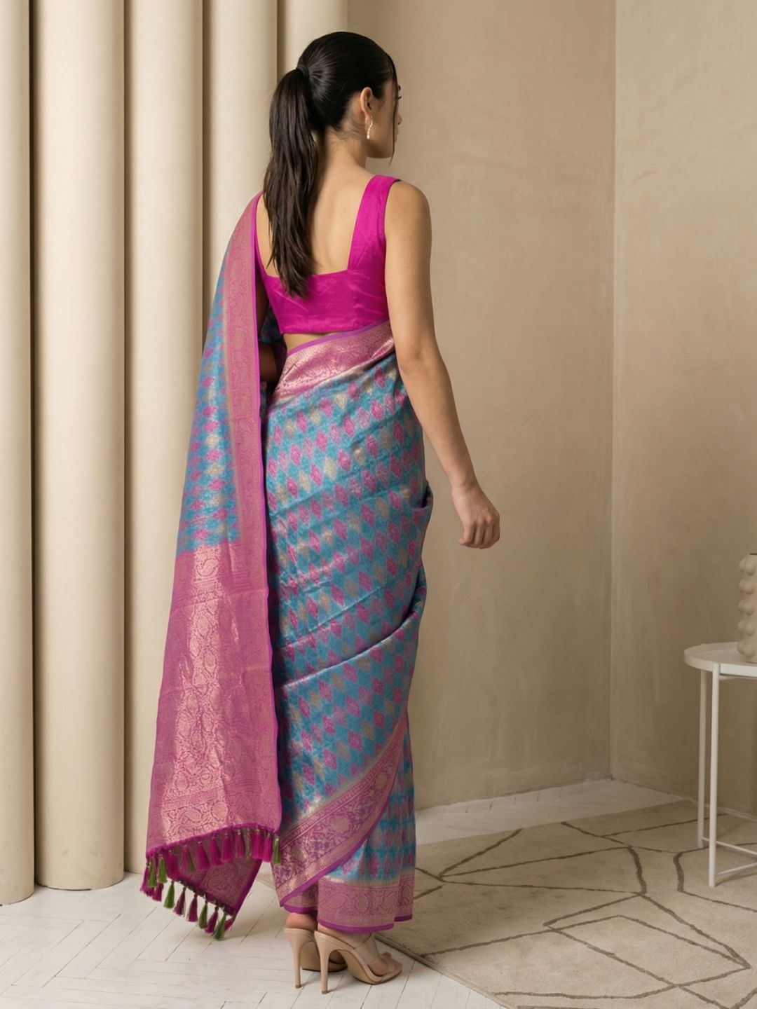 Rama Premium Patola Silk Ikat Meenakari Zari Woven Saree with Contrast Pallu and Brocade Blouse