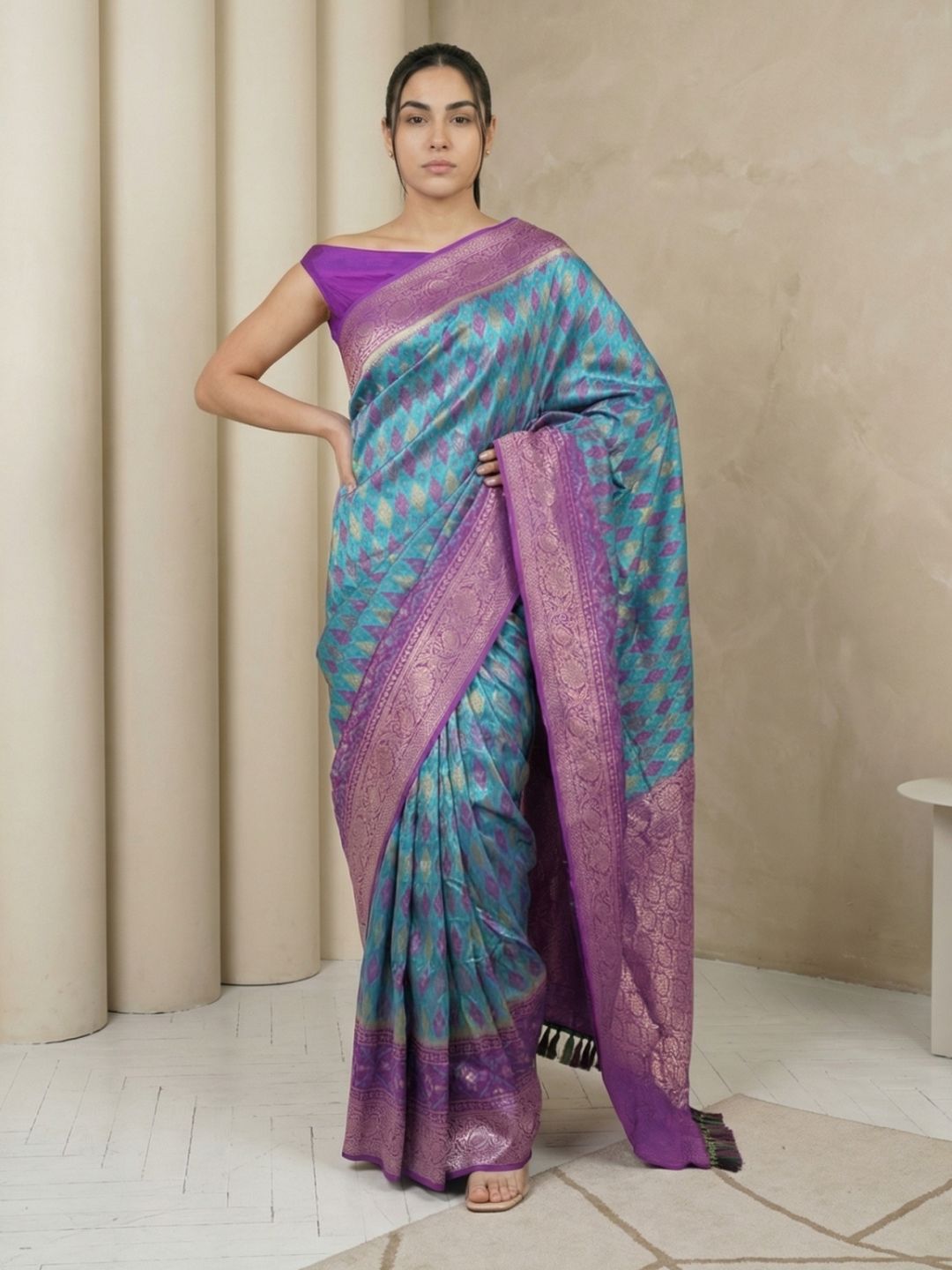 Sky Premium Patola Silk Ikat Meenakari Zari Woven Saree with Contrast Pallu and Brocade Blouse