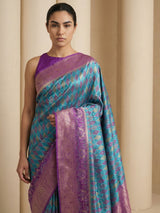 Sky Premium Patola Silk Ikat Meenakari Zari Woven Saree with Contrast Pallu and Brocade Blouse