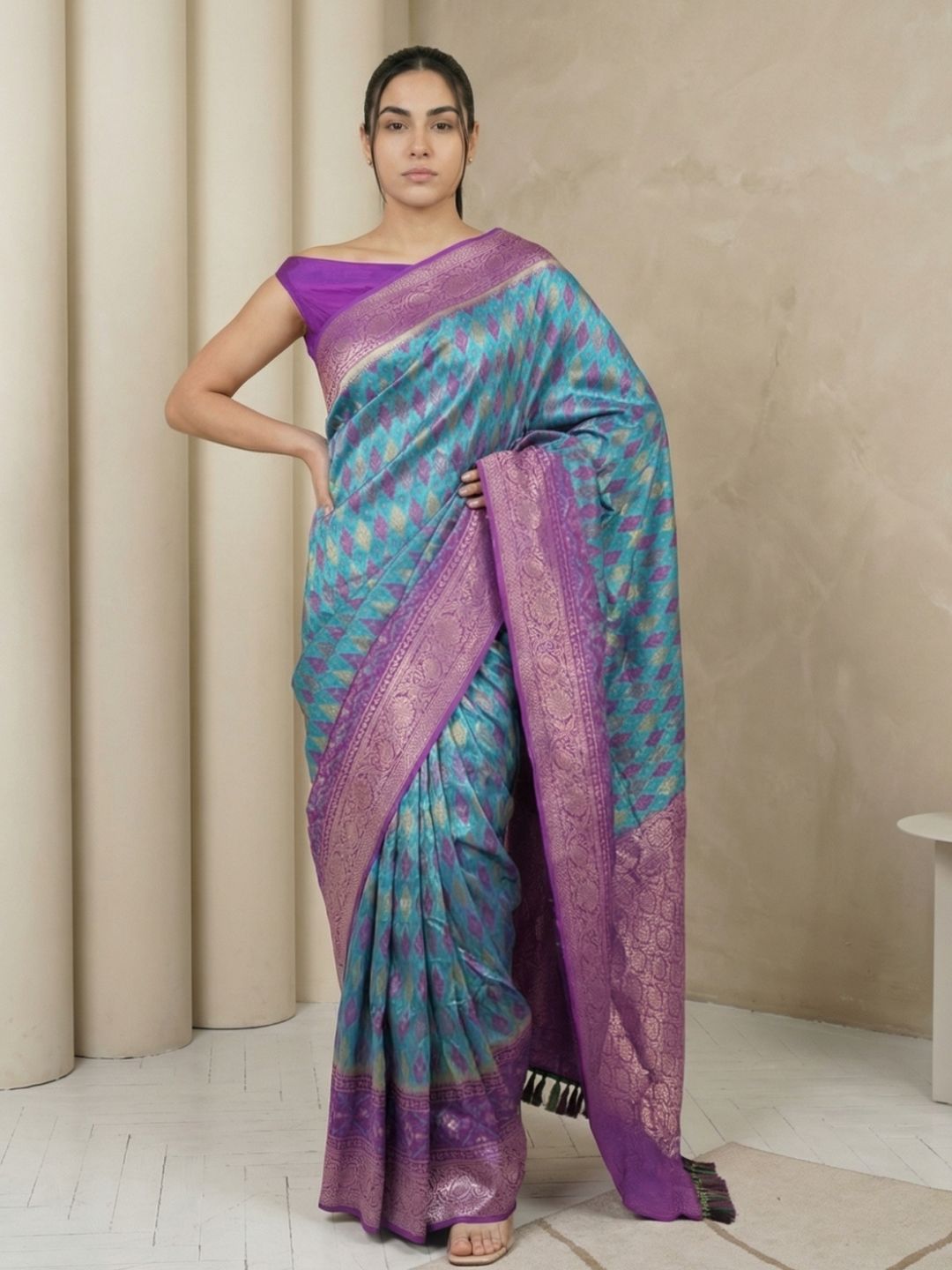 Sky Premium Patola Silk Ikat Meenakari Zari Woven Saree with Contrast Pallu and Brocade Blouse