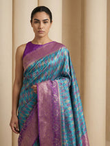 Sky Premium Patola Silk Ikat Meenakari Zari Woven Saree with Contrast Pallu and Brocade Blouse