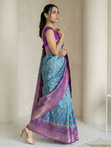 Sky Premium Patola Silk Ikat Meenakari Zari Woven Saree with Contrast Pallu and Brocade Blouse
