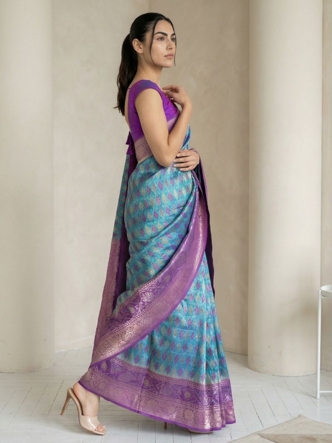 Sky Premium Patola Silk Ikat Meenakari Zari Woven Saree with Contrast Pallu and Brocade Blouse