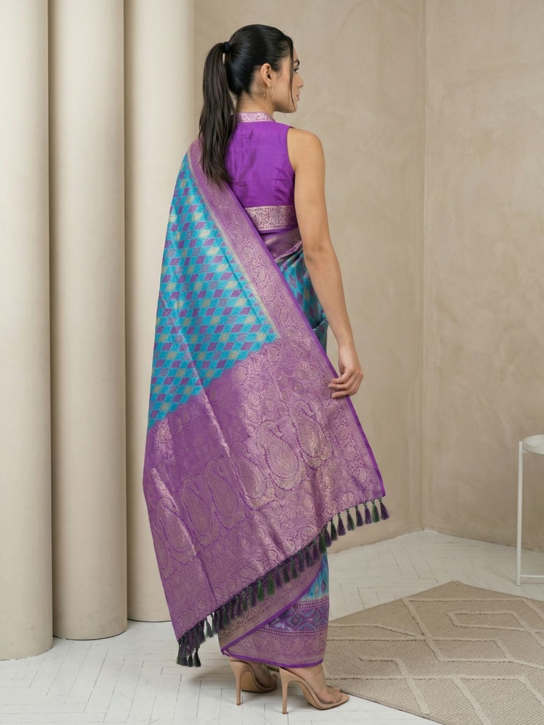 Sky Premium Patola Silk Ikat Meenakari Zari Woven Saree with Contrast Pallu and Brocade Blouse
