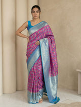 Wine Premium Patola Silk Ikat Meenakari Zari Woven Saree with Contrast Pallu and Brocade Blouse