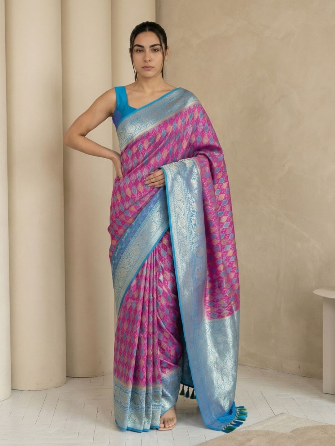 Wine Premium Patola Silk Ikat Meenakari Zari Woven Saree with Contrast Pallu and Brocade Blouse