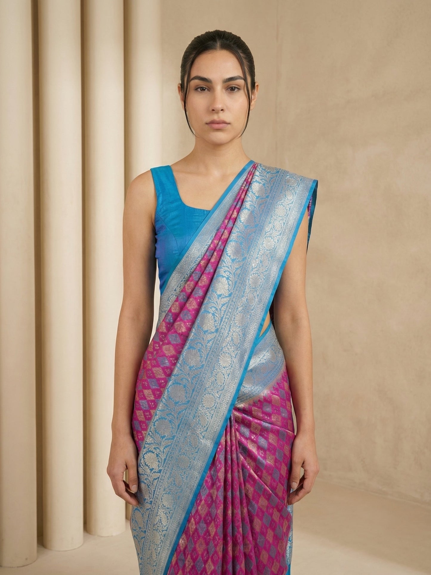 Wine Premium Patola Silk Ikat Meenakari Zari Woven Saree with Contrast Pallu and Brocade Blouse