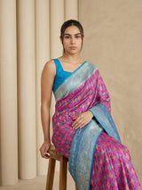 Wine Premium Patola Silk Ikat Meenakari Zari Woven Saree with Contrast Pallu and Brocade Blouse
