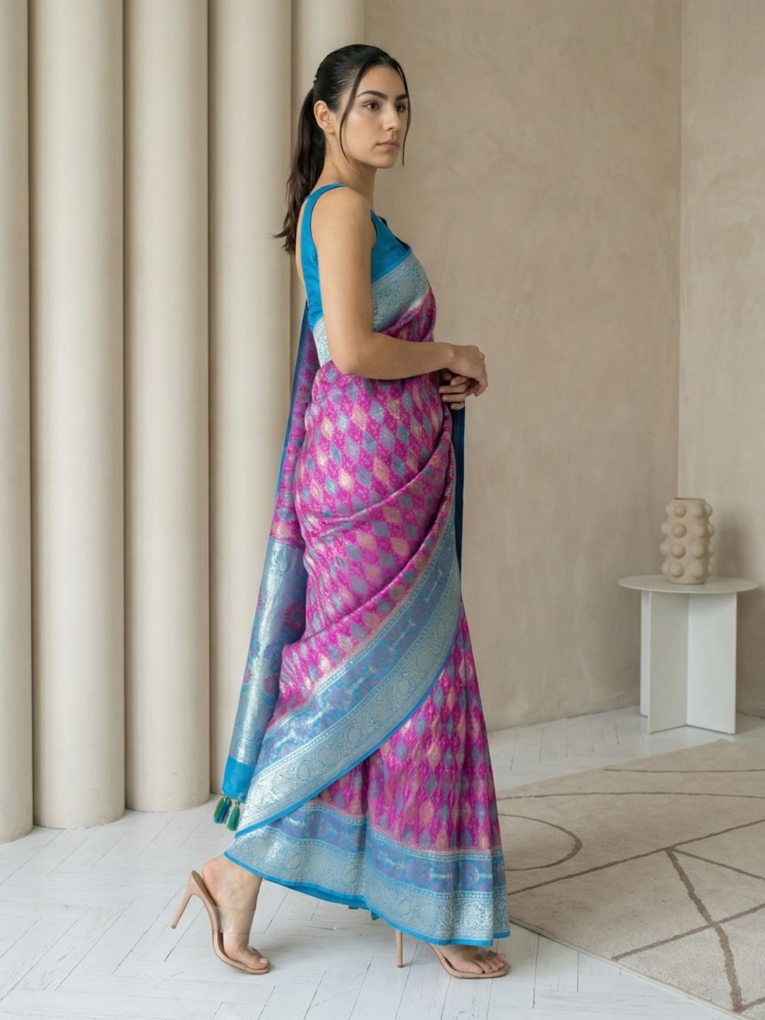 Wine Premium Patola Silk Ikat Meenakari Zari Woven Saree with Contrast Pallu and Brocade Blouse