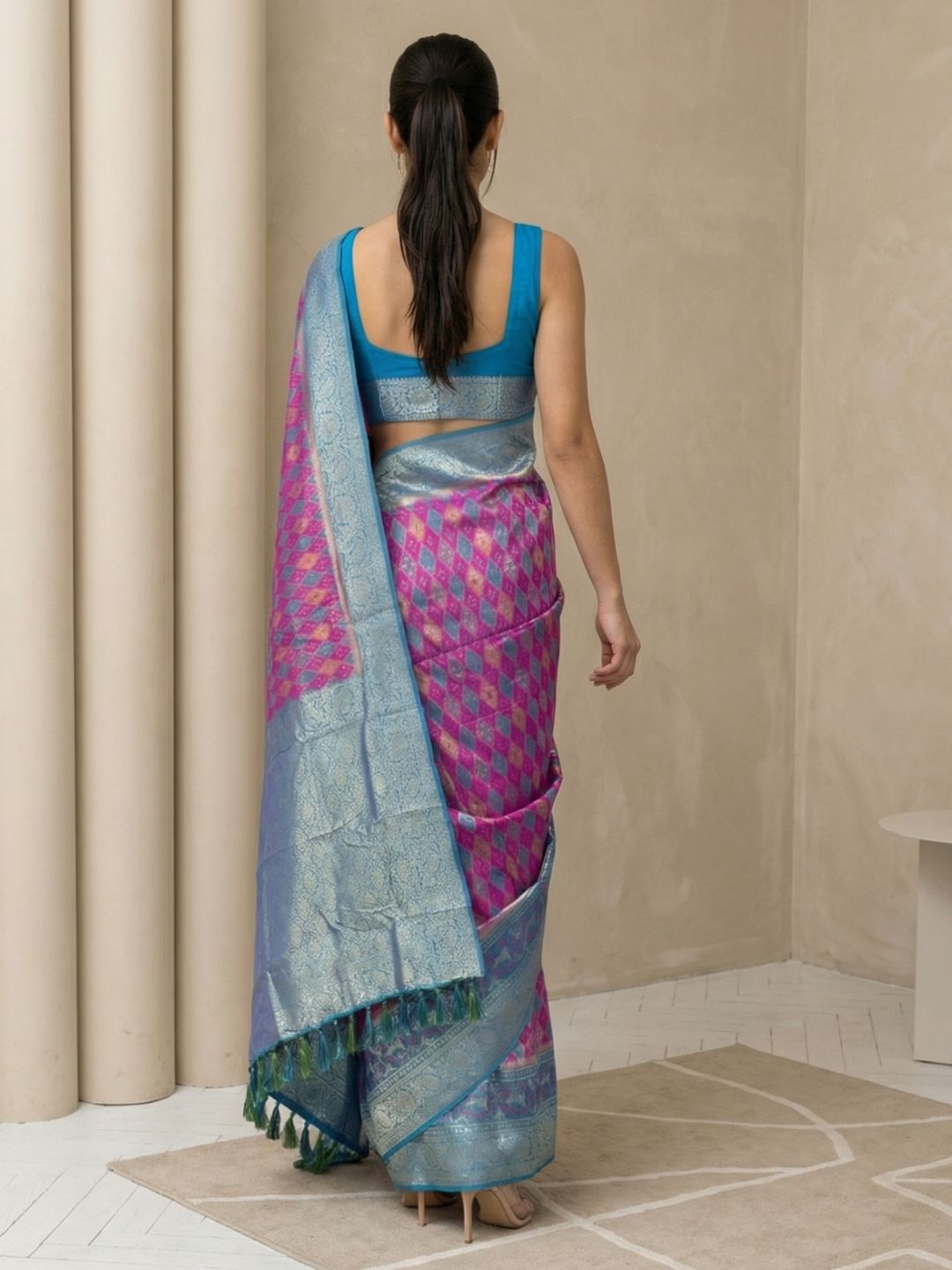 Wine Premium Patola Silk Ikat Meenakari Zari Woven Saree with Contrast Pallu and Brocade Blouse