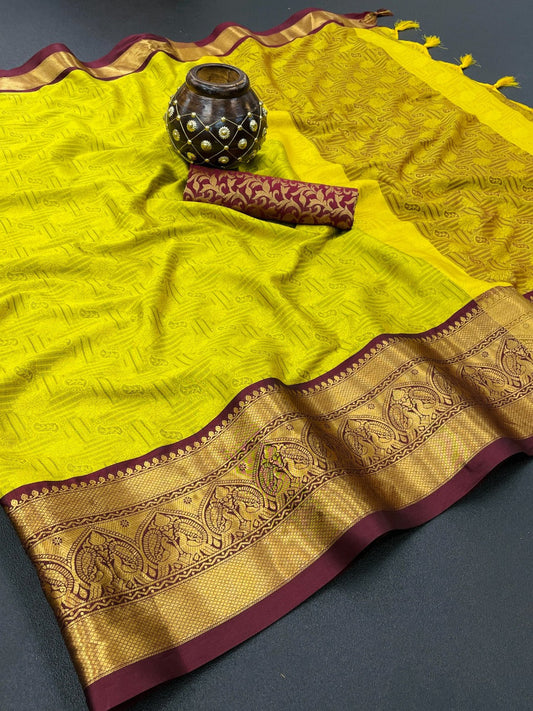 Yellow Silk Saree With Weaving Work