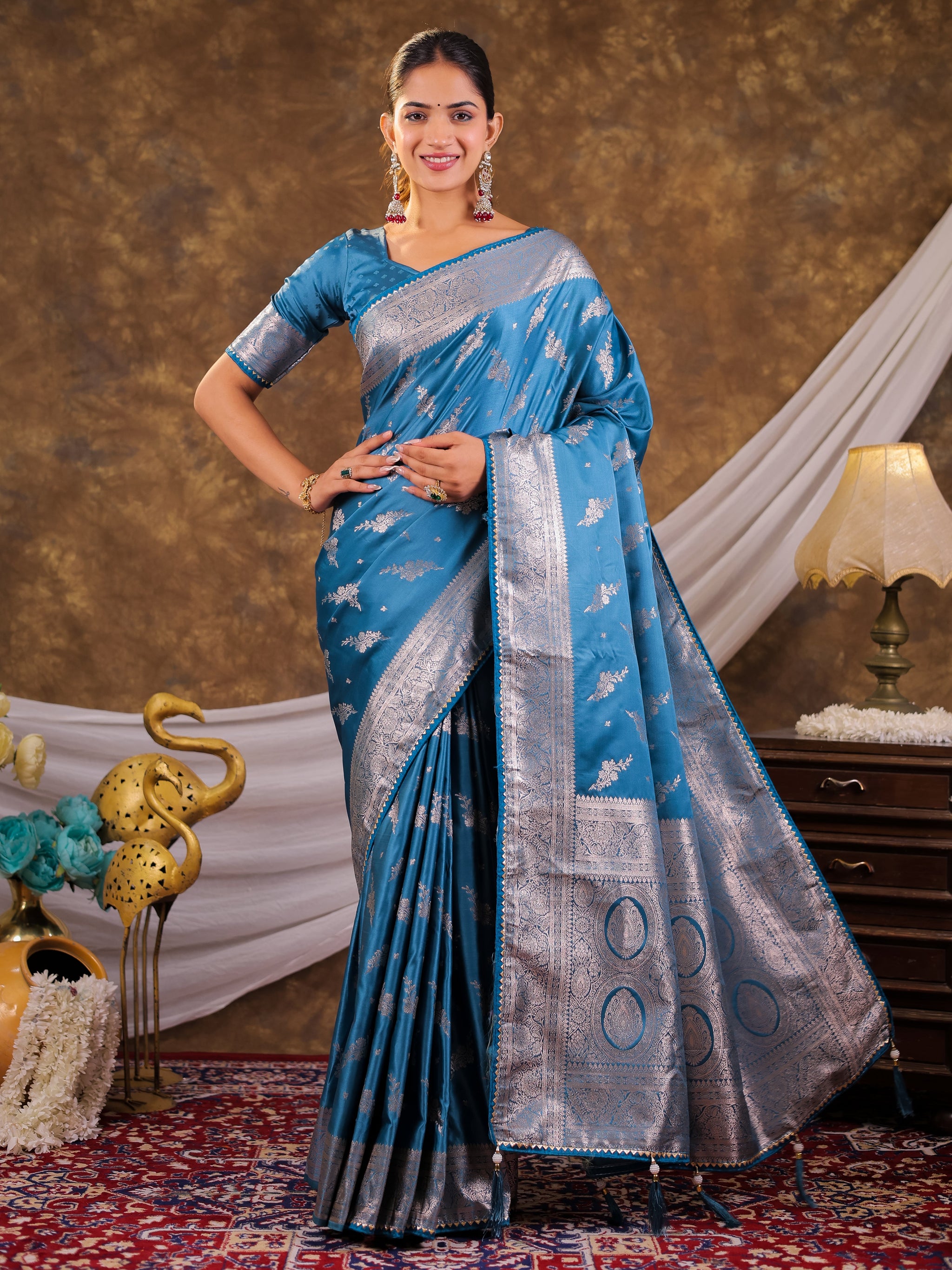 Sky Blue Kanjivaram Banarasi Satin Silk Saree with Silver Zari Weaving, Designer Woven Pallu & Tassel Detailing