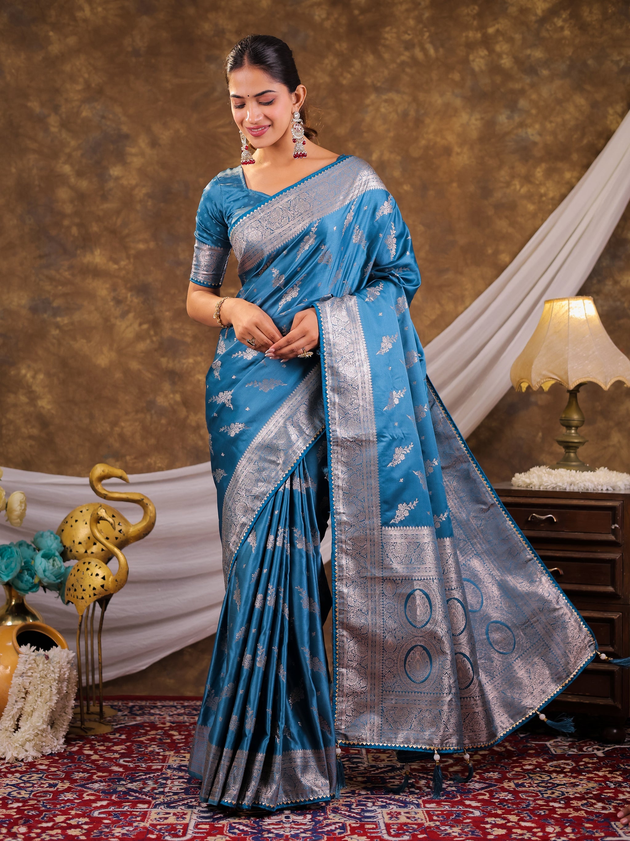 Sky Blue Kanjivaram Banarasi Satin Silk Saree with Silver Zari Weaving, Designer Woven Pallu & Tassel Detailing