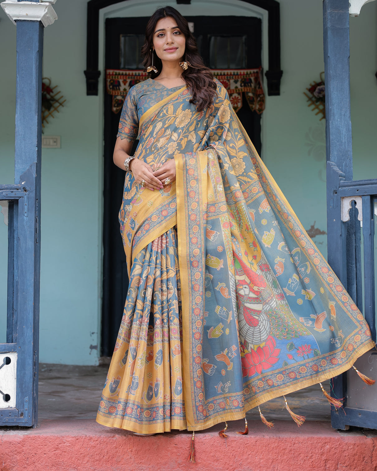 Mustard blue handloom cotton saree with mudra motifs goddess saraswati pallu