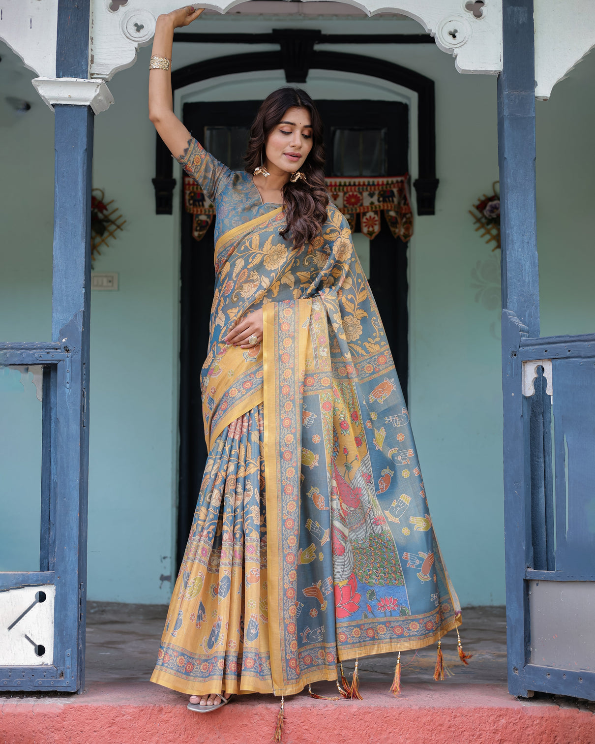 Mustard blue handloom cotton saree with mudra motifs goddess saraswati pallu