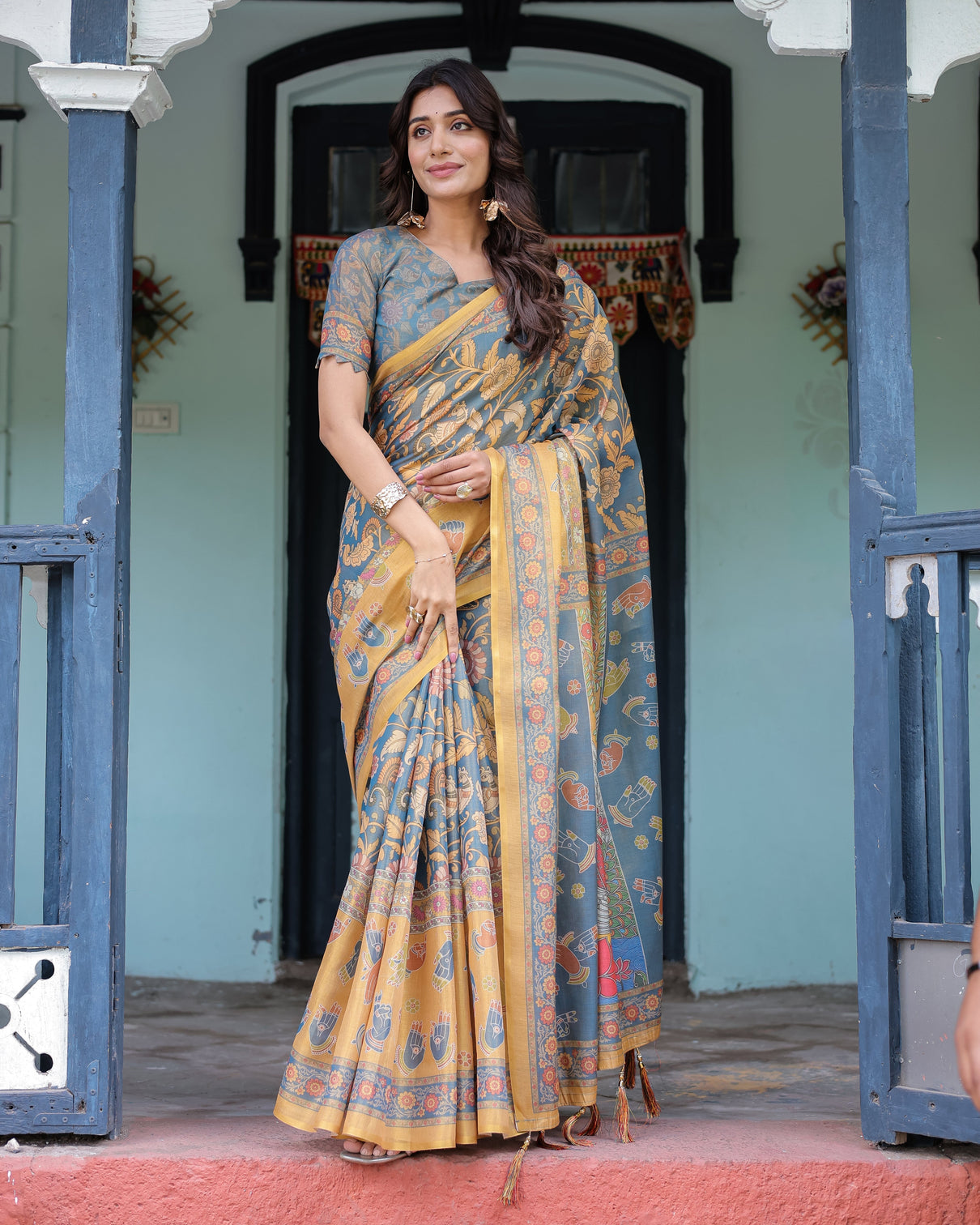 Mustard blue handloom cotton saree with mudra motifs goddess saraswati pallu mameraa