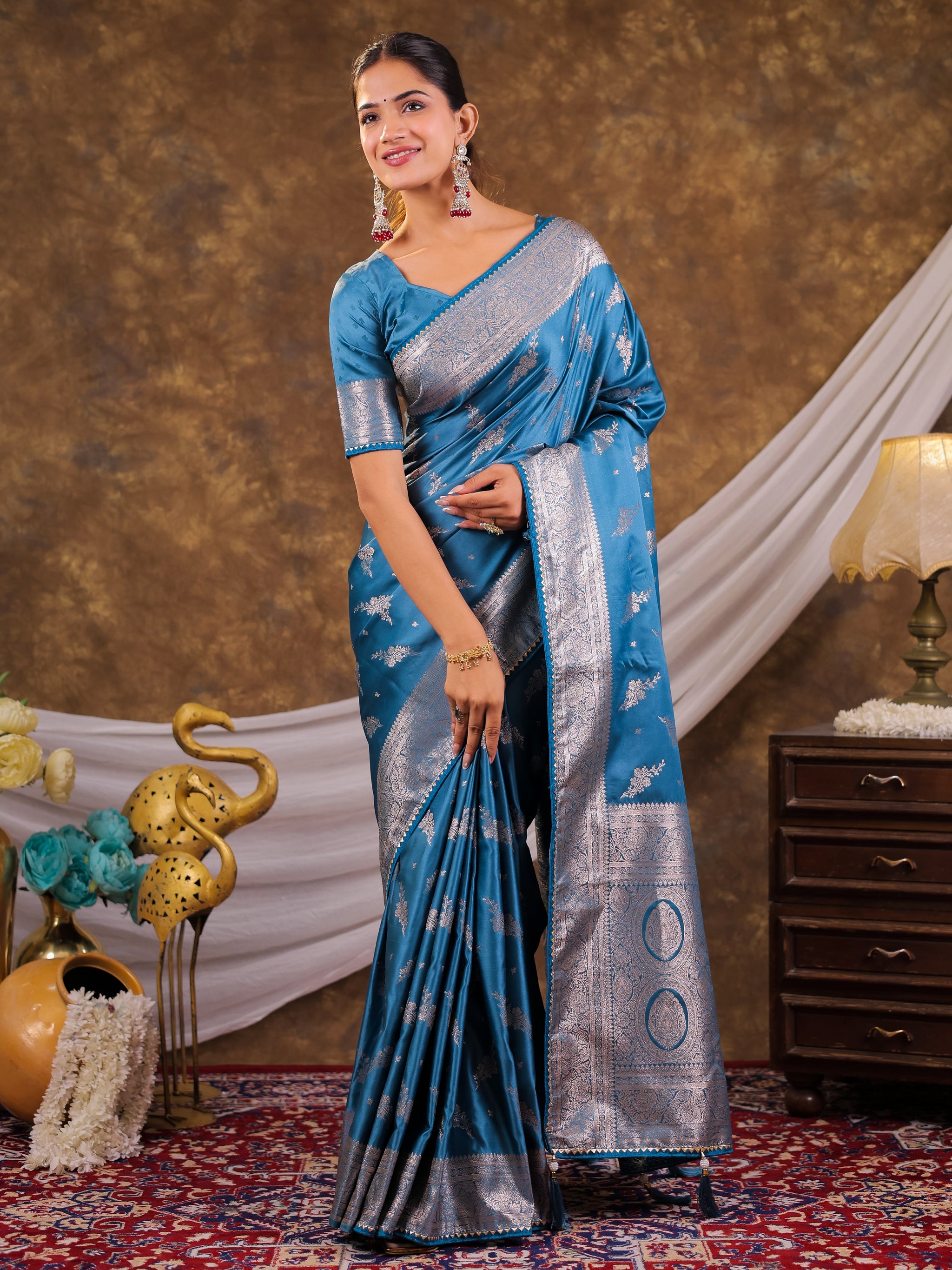 Sky Blue Kanjivaram Banarasi Satin Silk Saree with Silver Zari Weaving, Designer Woven Pallu & Tassel Detailing